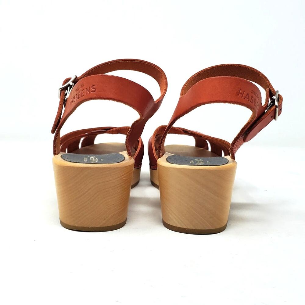 Swedish Hasbeens Magdalena Wooden Platform Clog Heel Sandals Red Leather Size 38 - Picture 7 of 11